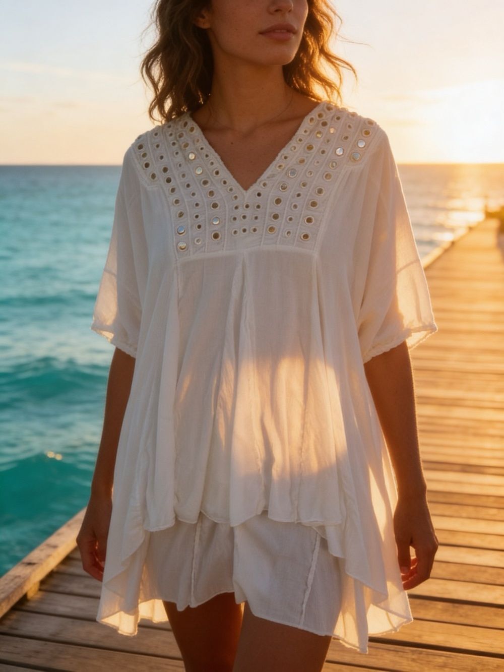 Solitaire Swim Women's White Embellished V-Neck Swim Coverup size M